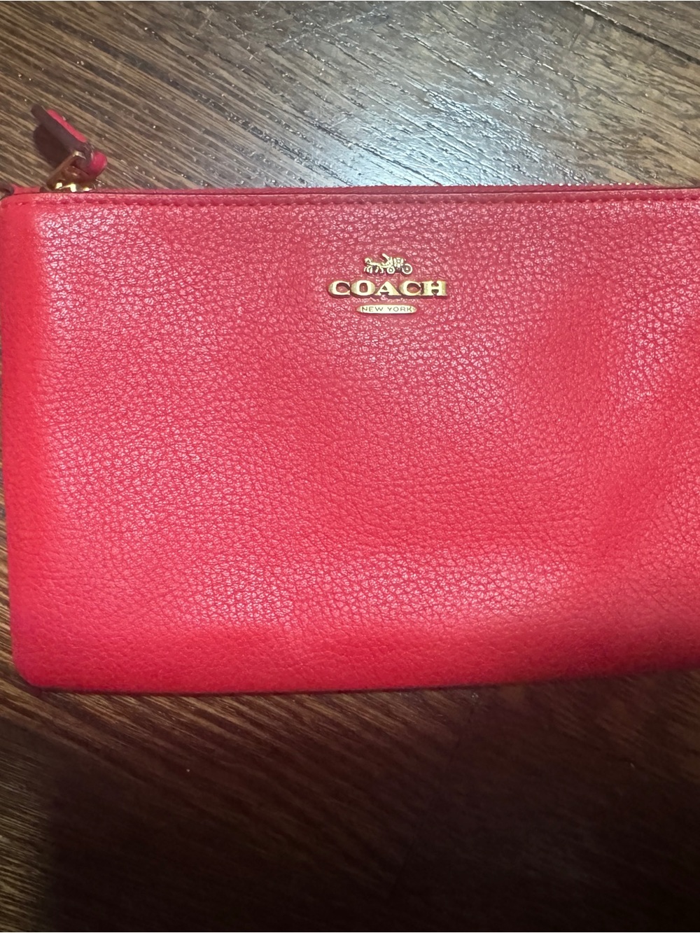 COACH Red Pebbled Leather Zip Wristlet with Gold Logo